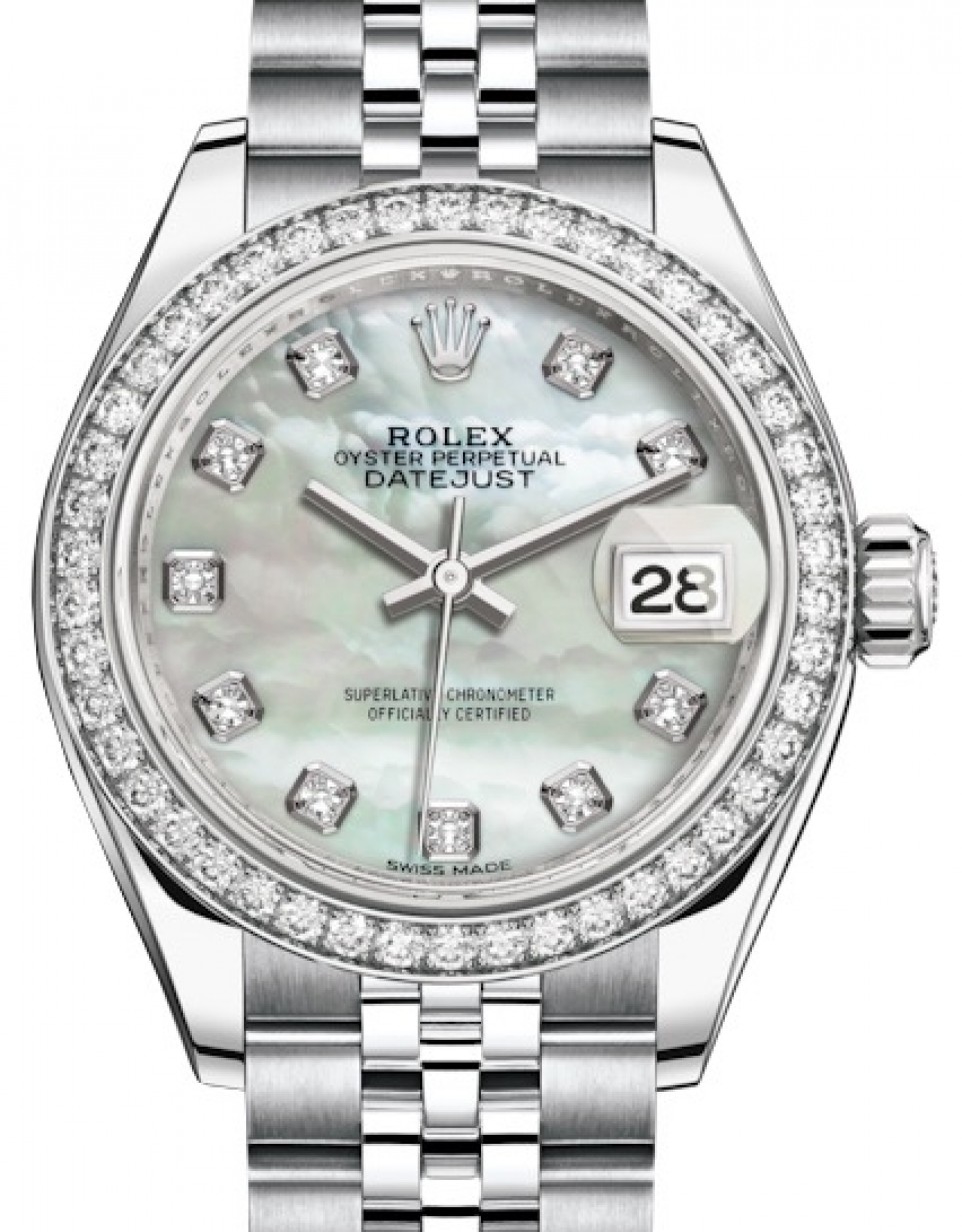 Rolex Lady-Datejust 28 279384RBR White Mother of Pearl Diamond Dial & Bezel  Stainless Steel Jubilee 28mm Automatic - BRAND NEW