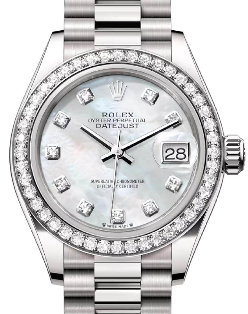 Rolex Lady Datejust 28 White Gold White Mother of Pearl Diamond Dial &  Diamond Bezel President Bracelet 279139RBR - BRAND NEW
