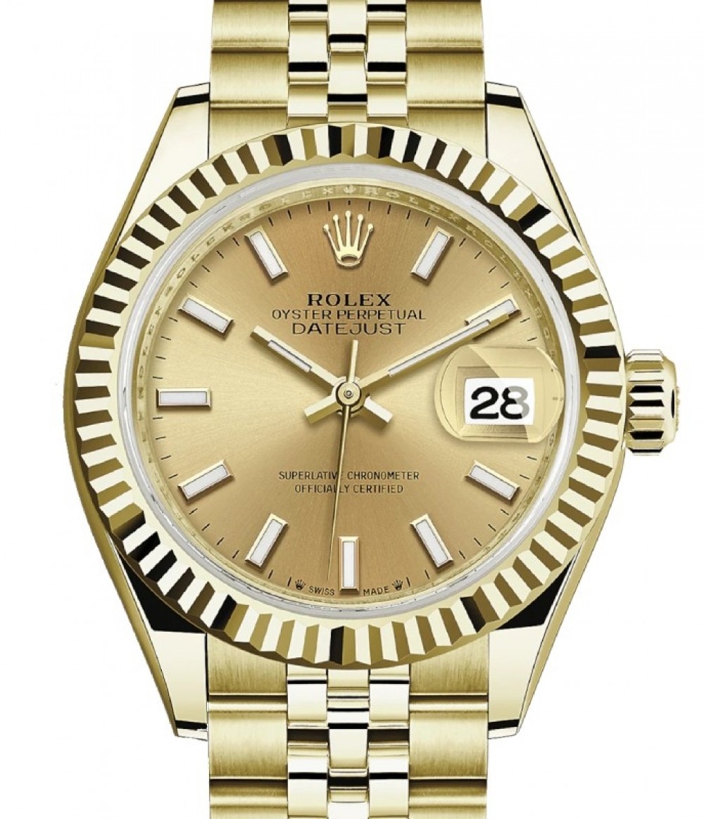 Rolex Datejust 28 279178 Champagne Index Fluted Bezel Yellow Gold Jubilee -  BRAND NEW
