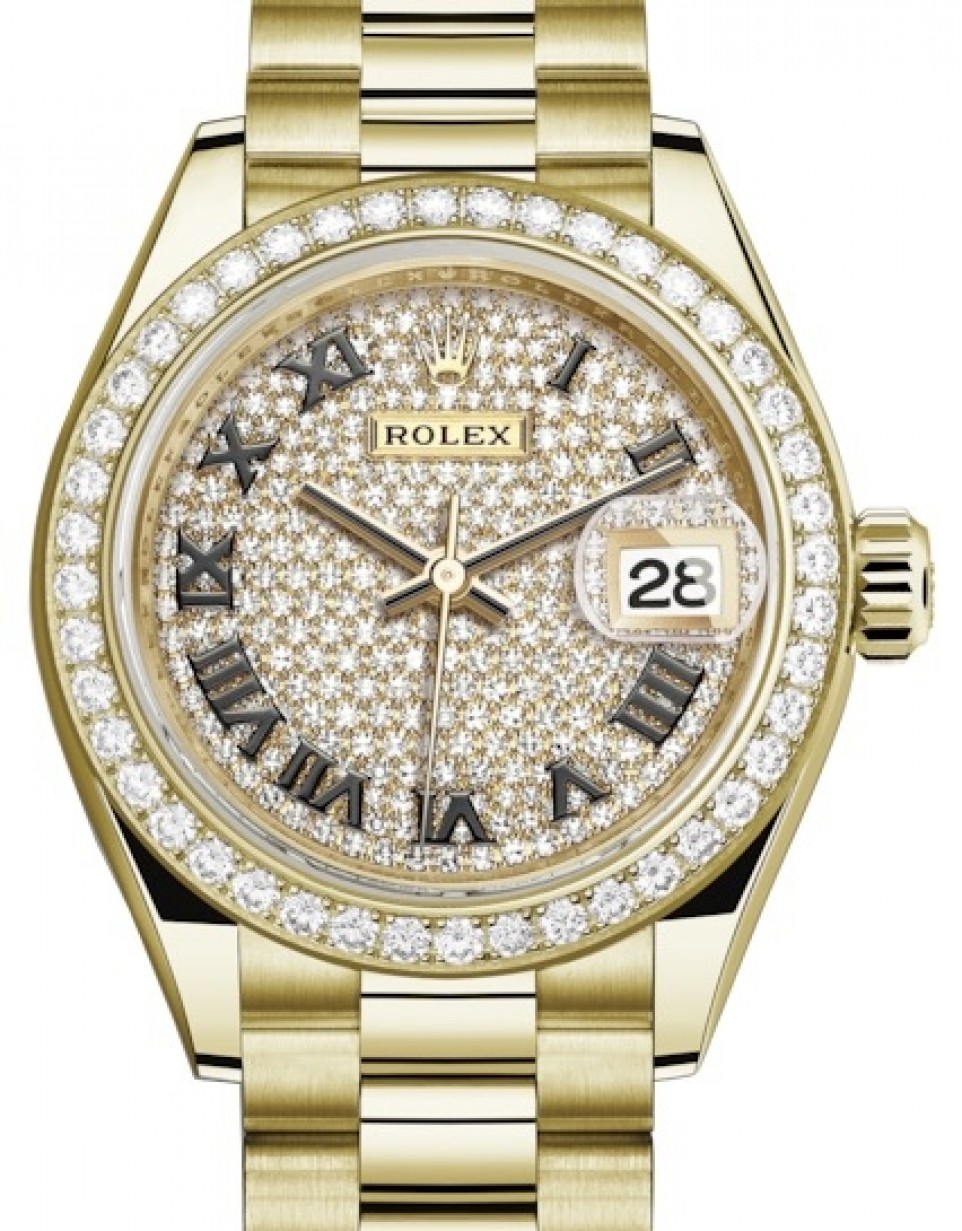 Rolex Lady Datejust 28 Yellow Gold Diamond Paved Roman Dial & Diamond Bezel  President Bracelet 279138RBR - BRAND NEW