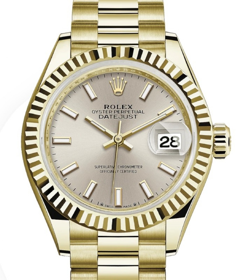 Rolex Datejust 28 279178 Silver Index Fluted Bezel Yellow Gold President -  BRAND NEW