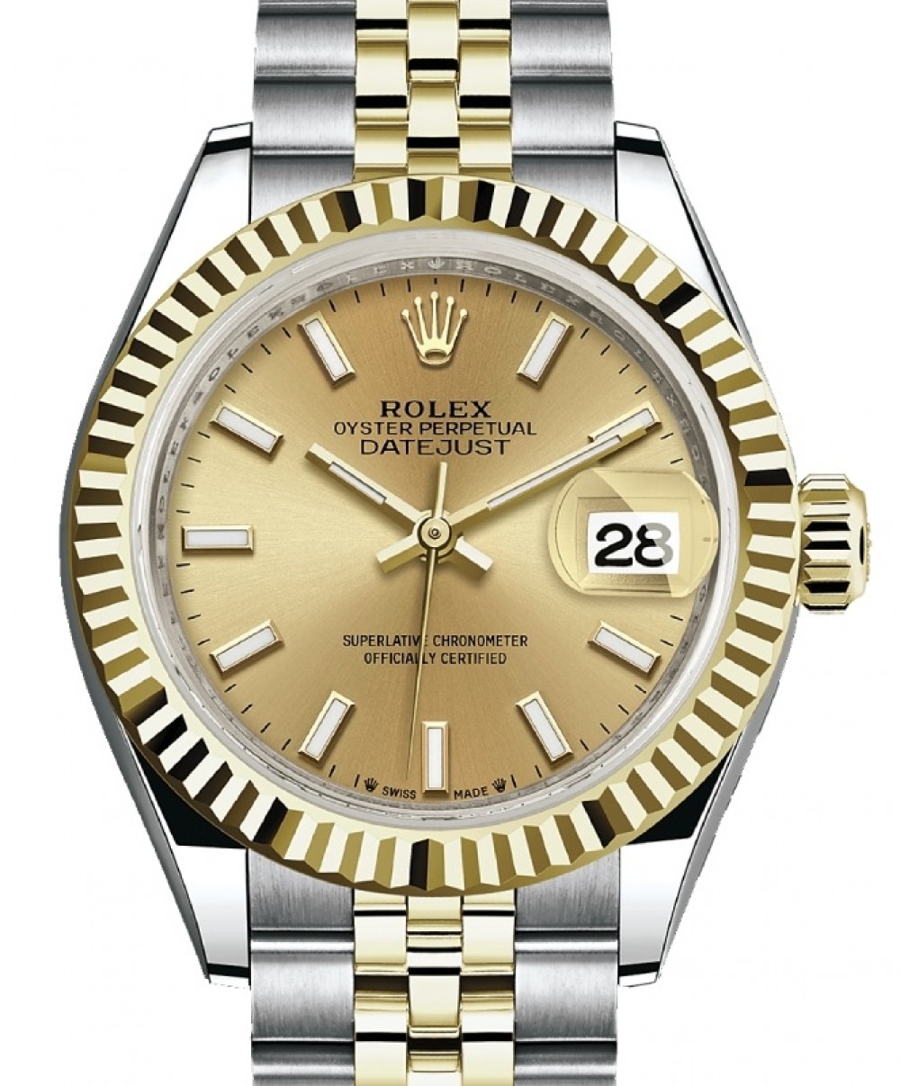Rolex Datejust 28 279173 Champagne Index Fluted Bezel Yellow Gold &  Stainless Steel Jubilee - BRAND NEW
