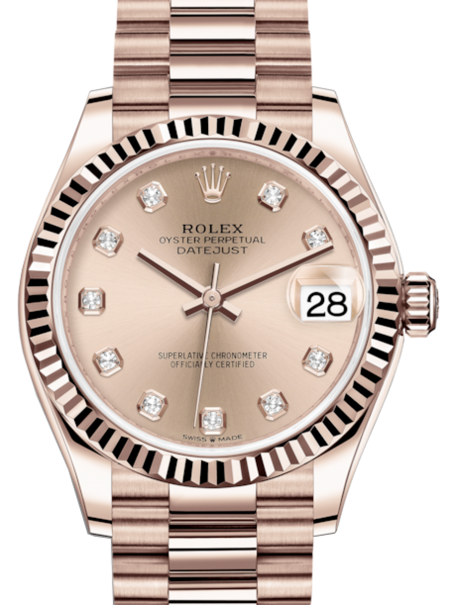 Rolex Lady-Datejust 31 Rose Gold Rose Diamond Dial & Fluted Bezel President  Bracelet 278275 - BRAND NEW