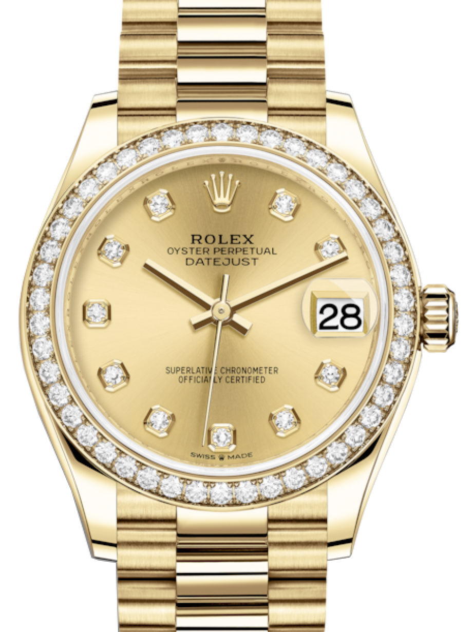 Rolex Lady-Datejust 31 Yellow Gold Champagne Diamond Dial & Diamond Bezel  President Bracelet 278288RBR - BRAND NEW
