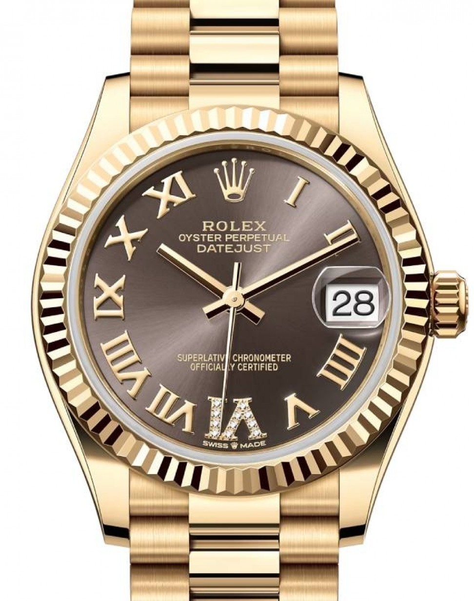 Rolex Lady-Datejust 31 Yellow Gold Dark Grey Roman Diamond VI Dial & Fluted  Bezel President Bracelet 278278 - BRAND NEW