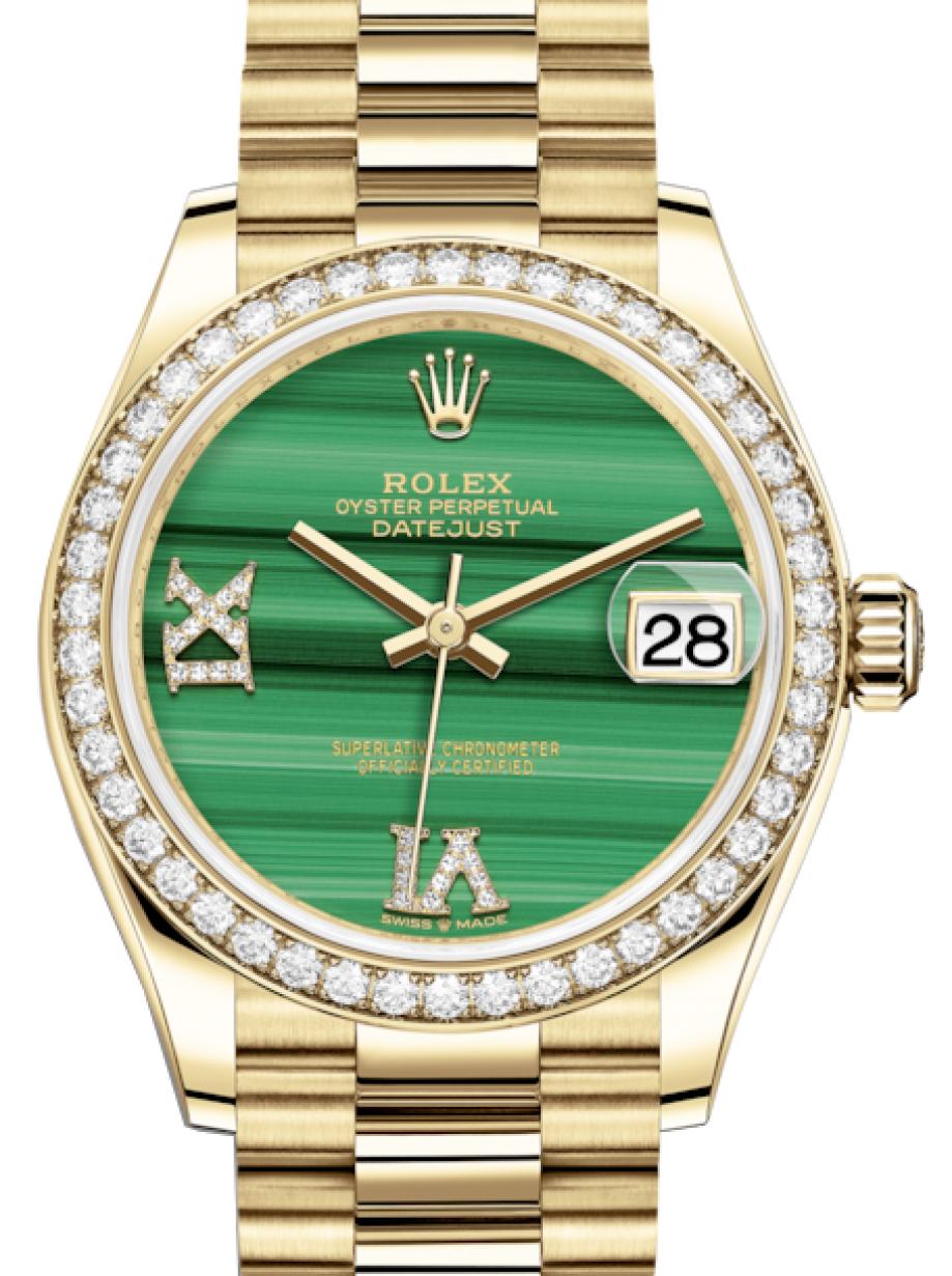 Rolex Lady-Datejust 31 Yellow Gold Malachite Roman Diamond VI Dial &  Diamond Bezel President Bracelet 278288RBR - BRAND NEW