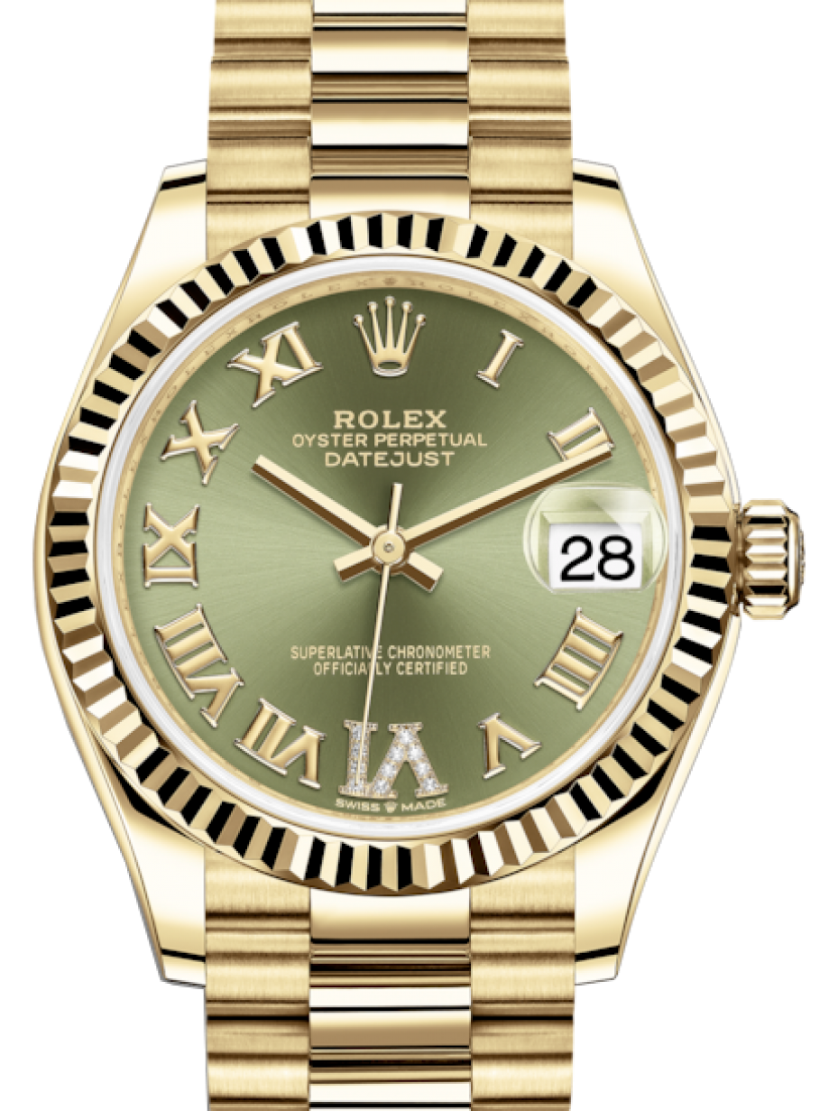 Rolex Lady-Datejust 31 Yellow Gold Olive Green Roman Diamond VI Dial &  Fluted Bezel President Bracelet 278278 - BRAND NEW