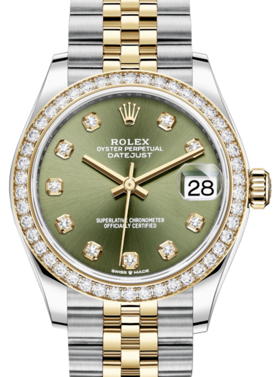 Rolex Lady-Datejust 31 Yellow Gold/Steel Olive Green Diamond Dial & Diamond  Bezel Jubilee Bracelet 278383RBR - BRAND NEW