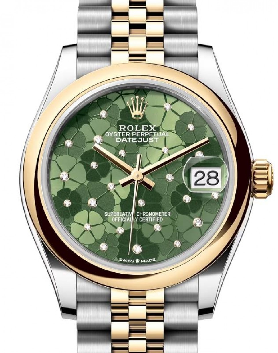 Rolex Lady-Datejust 31 Yellow Gold/Steel Olive Green Floral Motif Diamond  Dial & Smooth Domed Bezel Jubilee Bracelet 278243 - BRAND NEW