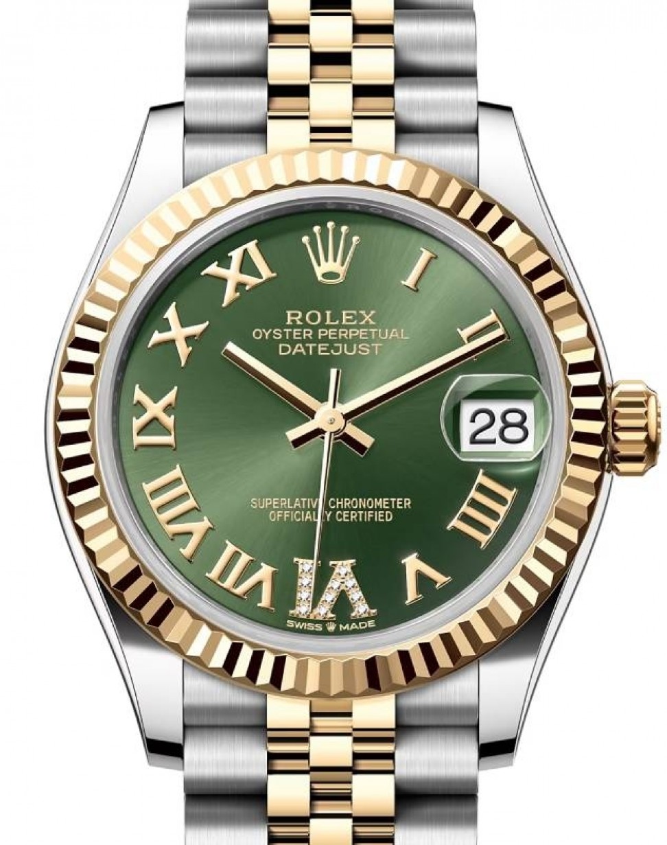Rolex Lady-Datejust 31 Yellow Gold/Steel Olive Green Roman Diamond VI Dial  & Fluted Bezel Jubilee Bracelet 278273 - BRAND NEW