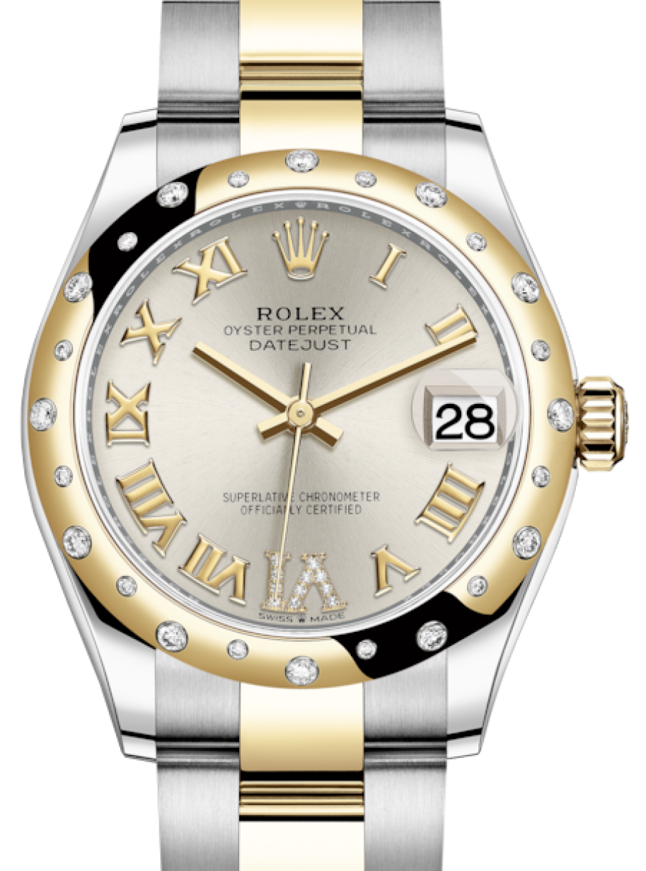 Rolex Lady-Datejust 31 Yellow Gold/Steel Silver Roman Diamond VI Dial &  Domed Set with Diamonds Bezel Oyster Bracelet 278343RBR - BRAND NEW