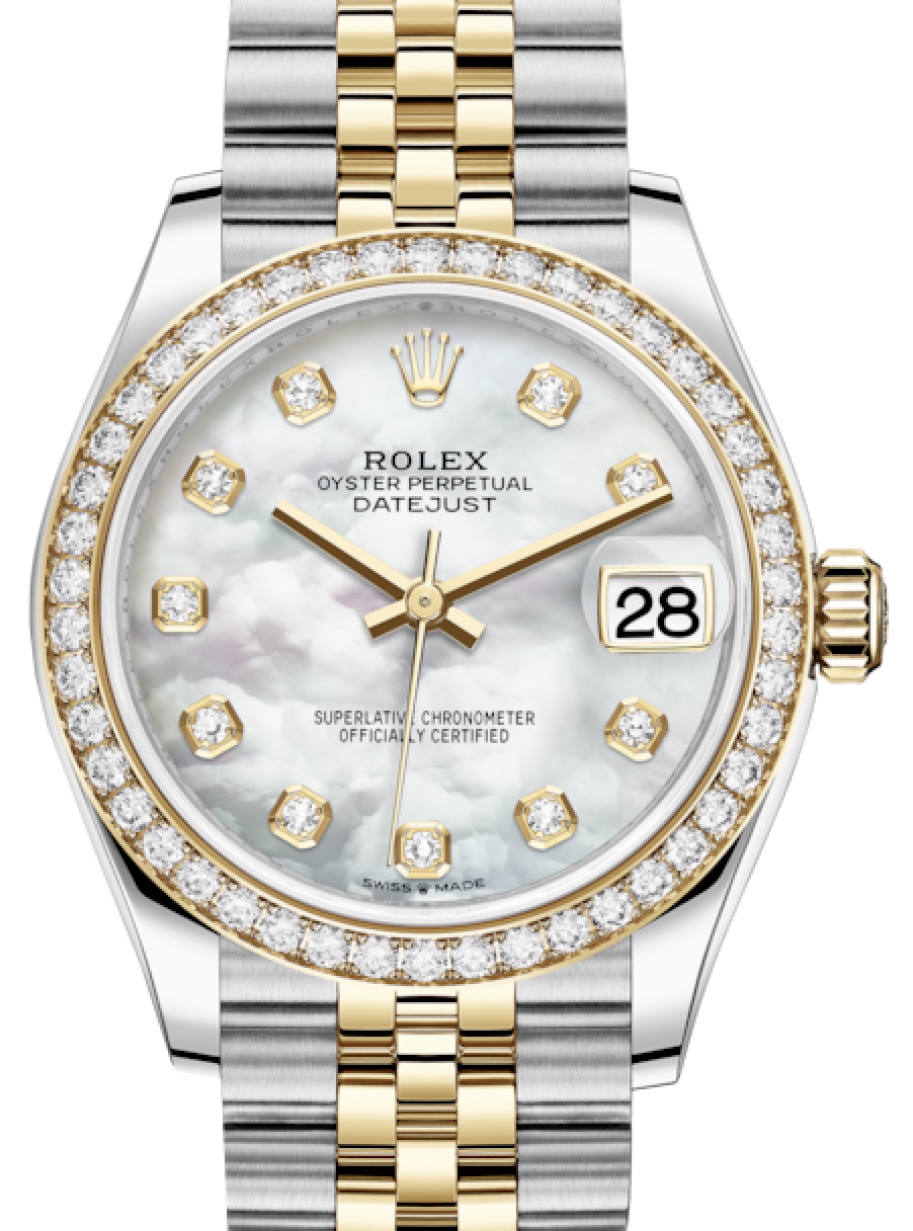 Rolex 31 Yellow Gold/Steel White Mother of Pearl Diamond Diamond Bezel Jubilee Bracelet 278383RBR - BRAND