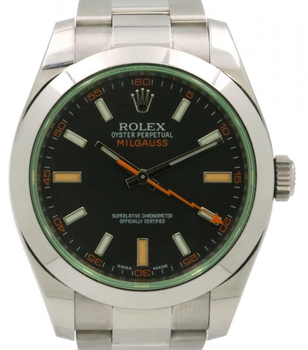 Rolex Milgauss Anniversary Green Crystal Stainless Steel Black Dial Smooth  Bezel Oyster Bracelet 116400GV - PRE-OWNED