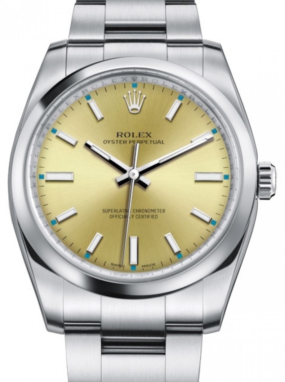 Rolex Oyster Perpetual 34 Stainless Steel Champagne Index Dial & Smooth  Bezel Oyster Bracelet 114200