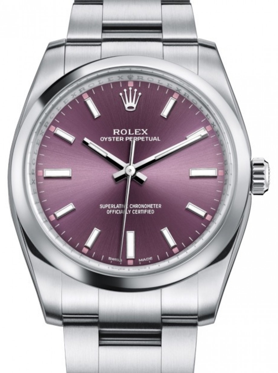 Rolex Oyster Perpetual 34 Stainless Steel Red Grape Index Dial & Smooth  Bezel Oyster Bracelet 114200