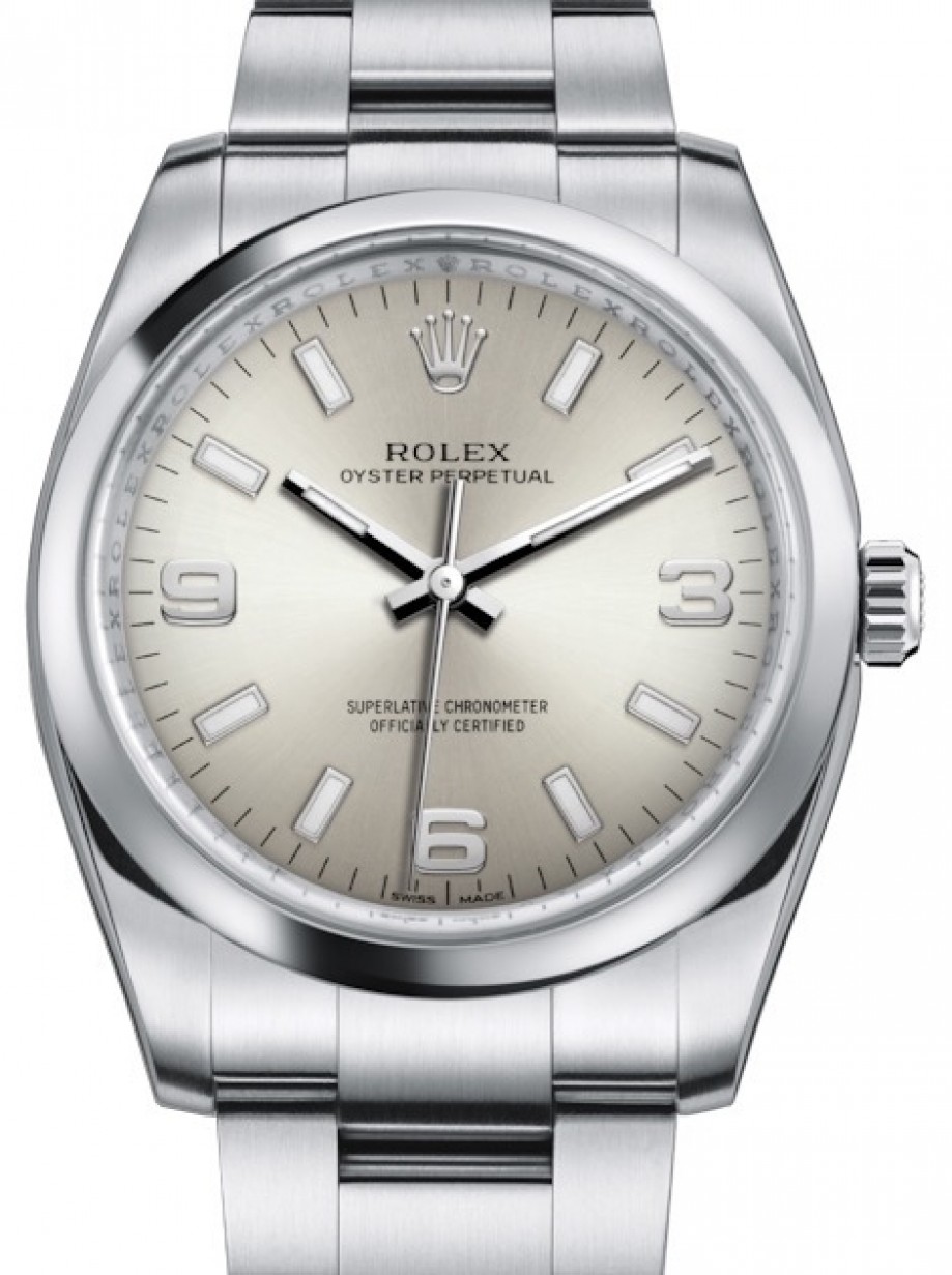 Rolex Oyster Perpetual 34 Stainless Steel Silver Arabic / Index Dial &  Smooth Bezel Oyster Bracelet 114200