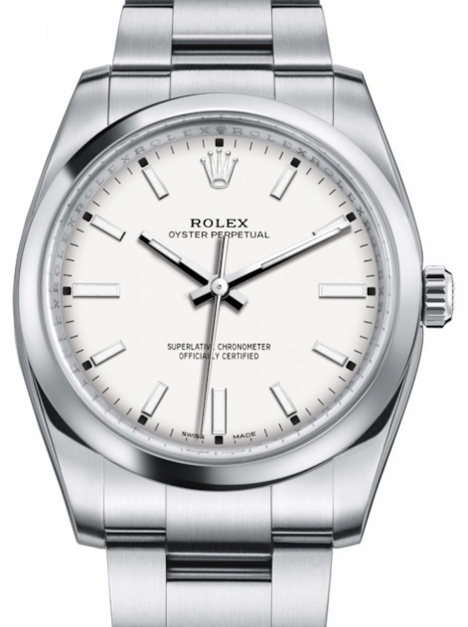 Rolex Oyster Perpetual 34 Stainless Steel White Index Dial & Smooth Bezel  Oyster Bracelet 114200