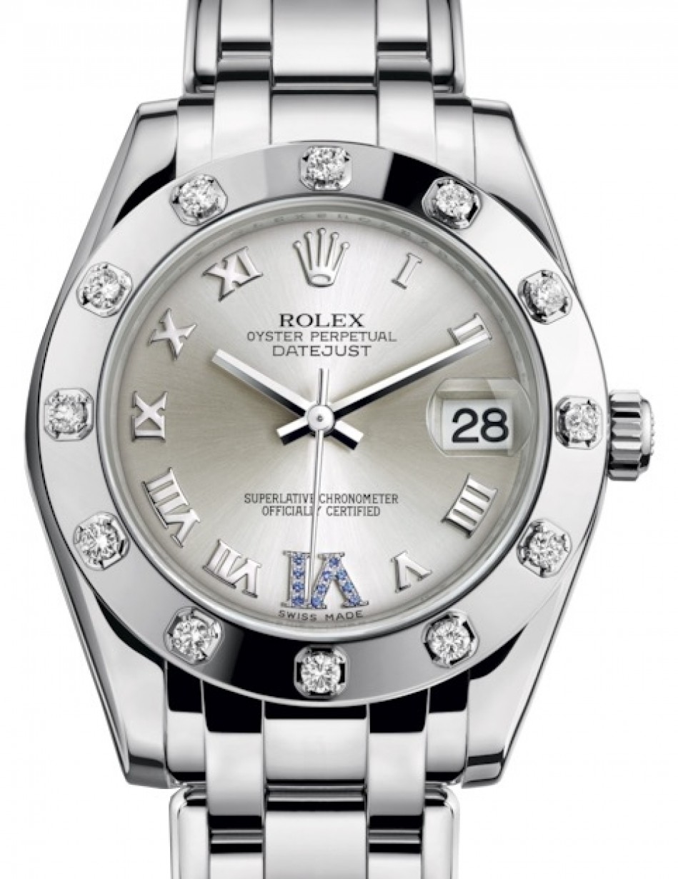 Rolex Pearlmaster 34 81319 Silver Roman White Gold Bezel VI set with  Sapphires White Gold BRAND NEW