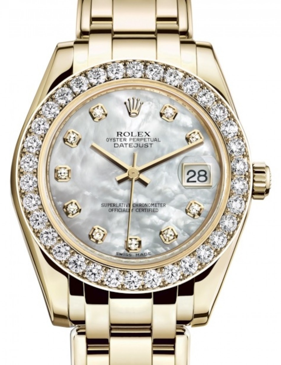 Rolex Pearlmaster 34 81298 White Mother of Pearl Diamond Bezel Yellow Gold  BRAND NEW