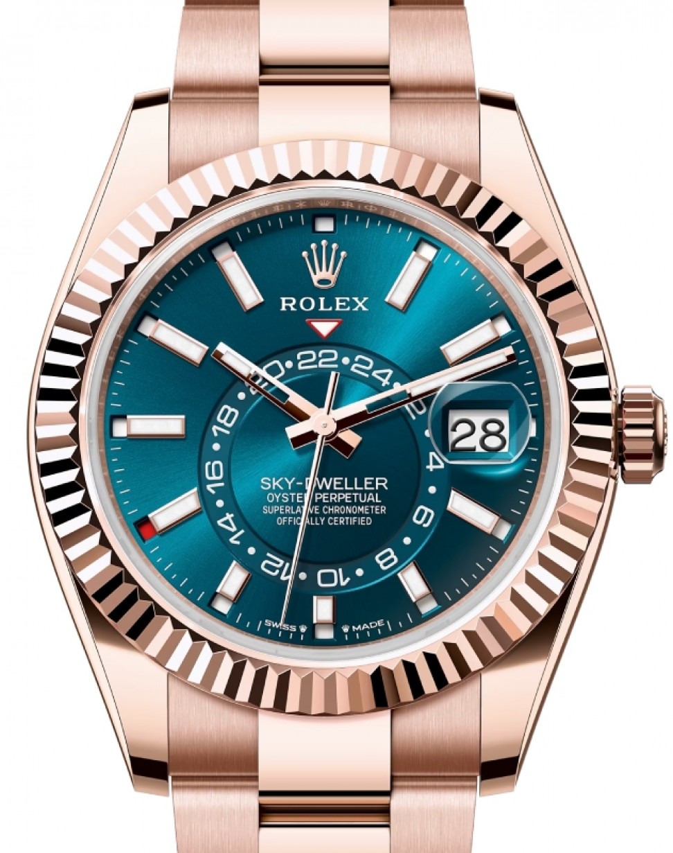 Rolex Sky-Dweller Rose Gold Blue-Green Index Dial Fluted Bezel Oyster  Bracelet 336935 - BRAND NEW