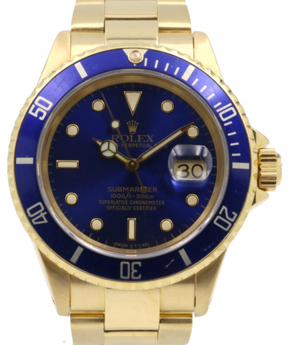 Rolex Submariner 16618 Blue 18k Yellow Gold 40mm Diver Oyster Date