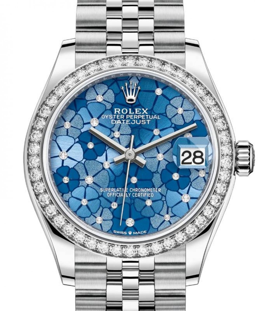 Rolex Datejust 31 White Gold/Steel Azzurro Blue Floral Motif Diamond Dial &  Diamond Bezel Jubilee Bracelet 278384RBR - BRAND NEW