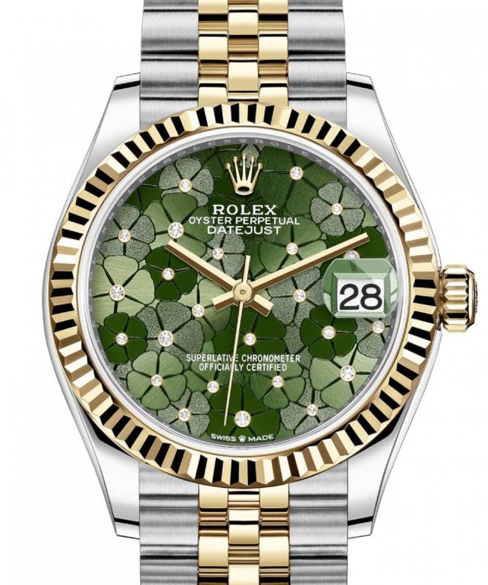 Rolex Datejust 31 Yellow Gold/Steel Olive Green Floral Motif Diamond Dial &  Fluted Bezel Jubilee Bracelet 278273 - BRAND NEW