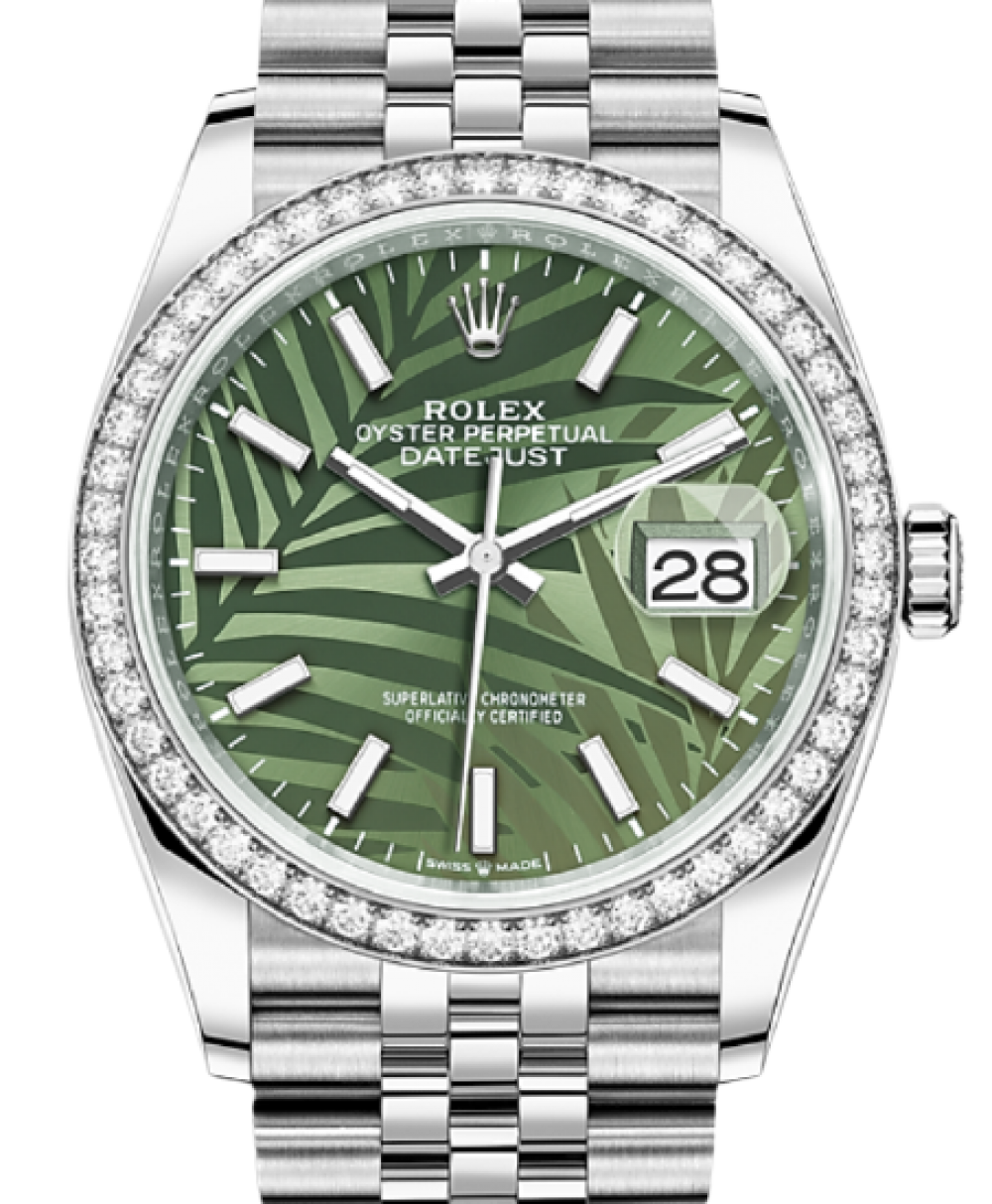 Rolex Datejust 36 Stainless Steel Green Palm Motif Dial Diamond Bezel  Jubilee Bracelet 126284RBR - BRAND NEW
