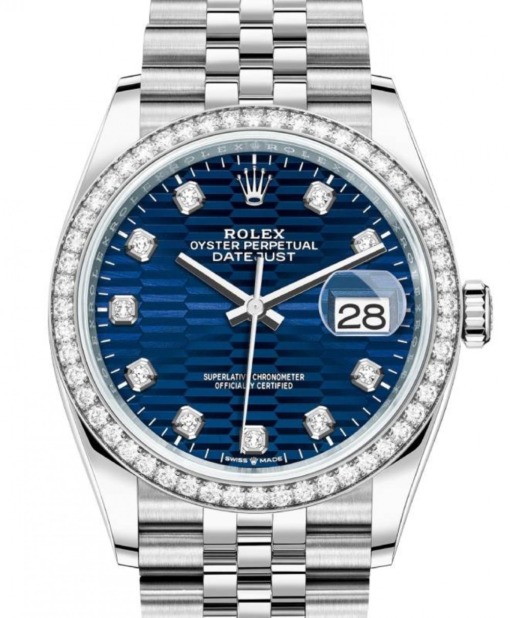 Rolex Datejust 36 White Gold/Steel Bright Blue Fluted Motif Diamond Dial &  Diamond Bezel Jubilee Bracelet 126284RBR - BRAND NEW
