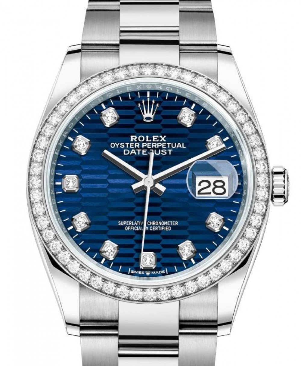 Rolex Datejust 36 White Gold/Steel Bright Blue Fluted Motif Diamond Dial &  Diamond Bezel Oyster Bracelet 126284RBR - BRAND NEW