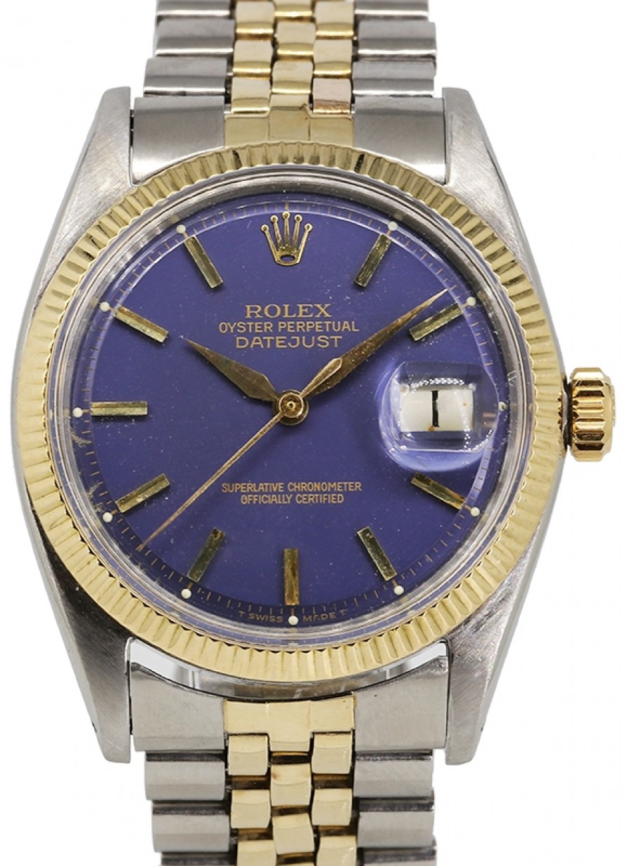 Rolex Datejust 36 Yellow Gold/Steel Blue Index Dial Fluted Bezel Jubilee  Bracelet 1601 - PRE-OWNED
