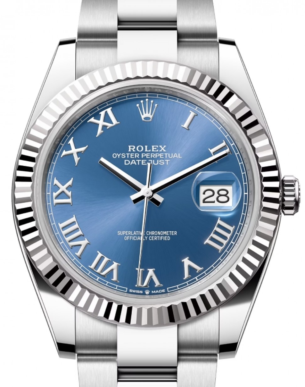 Rolex Datejust 41 White Gold/Steel Azzurro Blue Roman Dial Fluted Bezel  Oyster Bracelet 126334 - BRAND NEW
