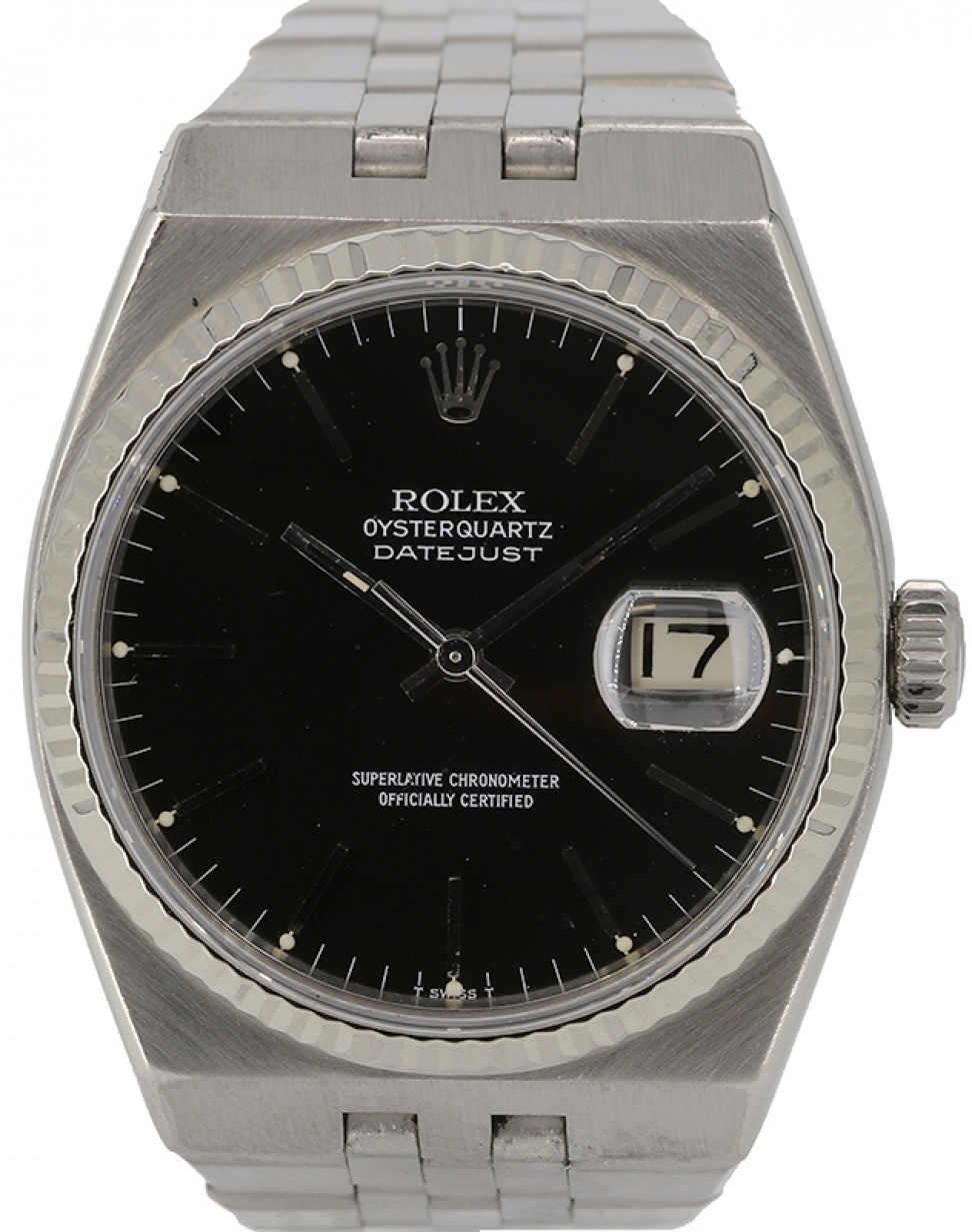 Rolex Datejust Oysterquartz Black Index White Gold Fluted Stainless Steel  36mm 17014 - PRE-OWNED