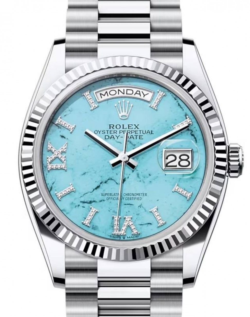 Rolex Day-Date 36 President Platinum Turquoise "Tiffany" Diamond Dial &  Fluted Bezel 128236 - BRAND NEW