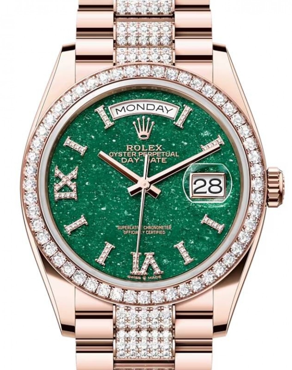 Rolex Day-Date 36 President Rose Gold Green Aventurine Dial Diamond Bezel &  Bracelet 128345RBR - BRAND NEW