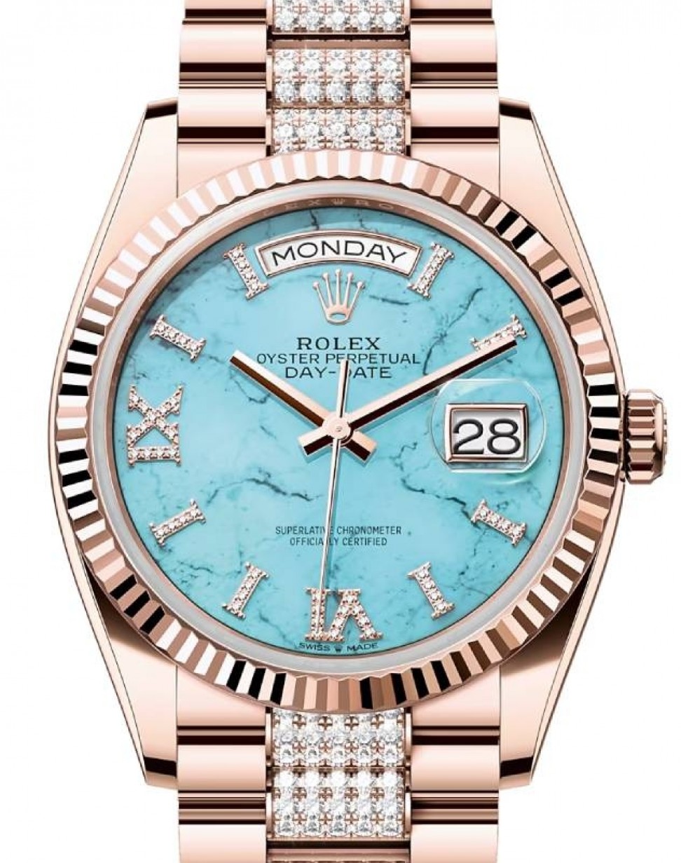 Rolex Day-Date 36 President Rose Gold Turquoise "Tiffany" Dial Fluted Bezel  Diamond Bracelet 128235 - BRAND NEW