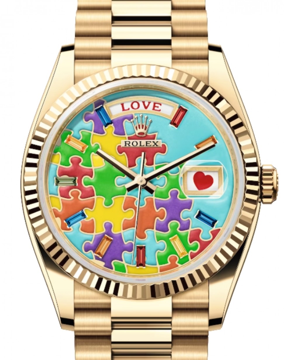 Rolex Day-Date 36 President Yellow Gold Turquoise "Jigsaw Emotion/Emoji  Puzzle" Motif Dial & Fluted Bezel 128238 - BRAND NEW