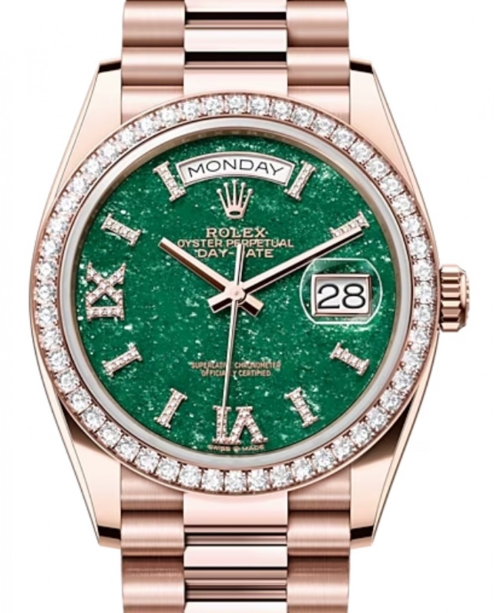 Rolex Day-Date 36 Rose Gold Green Aventurine Diamond Roman VI IX Dial & Diamond Bezel Bracelet 128345RBR - NEW