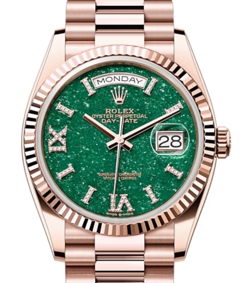 Rolex Day-Date 36 Rose Gold Green Aventurine Diamond Roman VI IX Dial &  Fluted Bezel President Bracelet 128235 - BRAND NEW