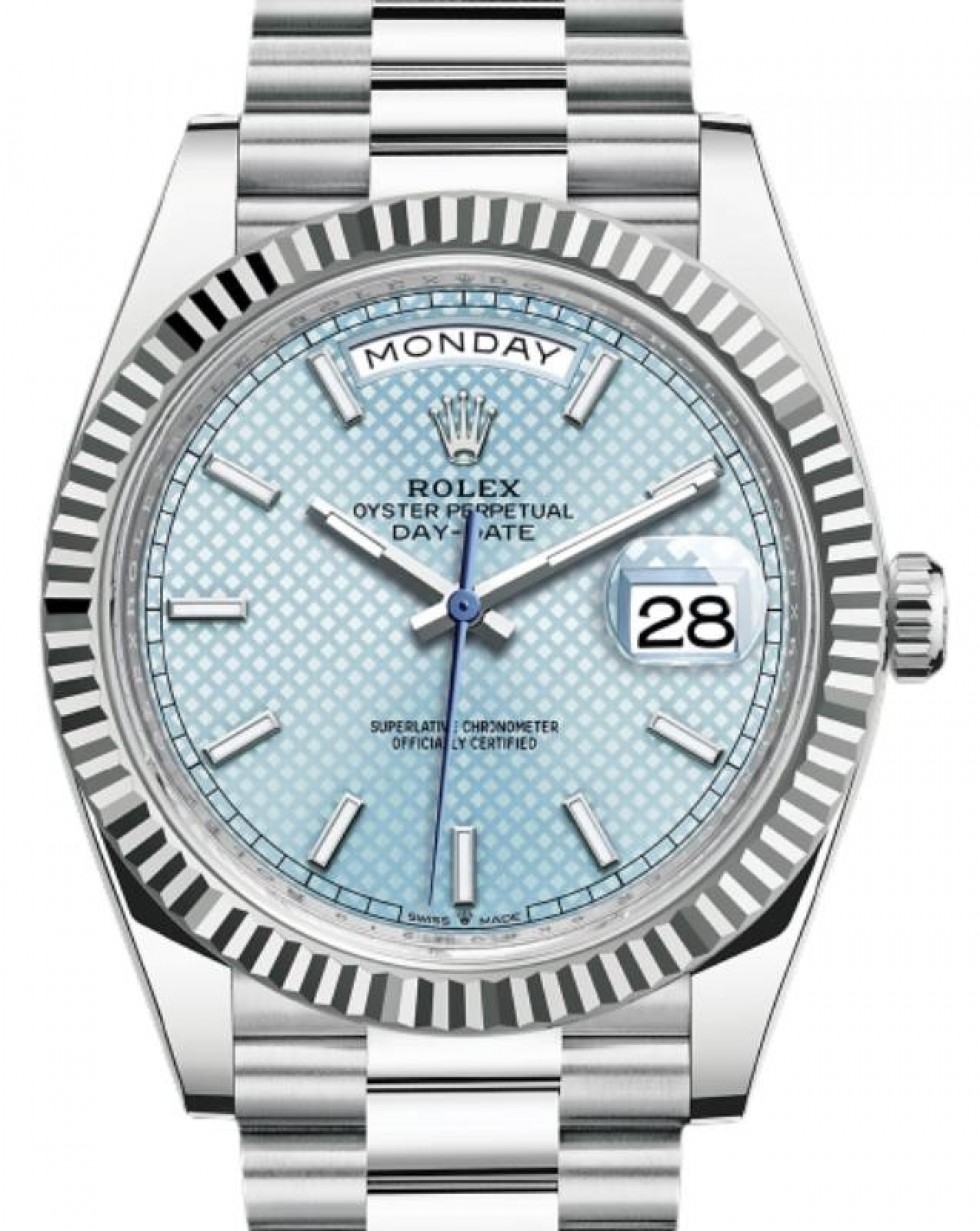 Rolex Day-Date 40 Platinum Ice Blue Diagonal Motif Dial & Fluted Bezel  President Bracelet 228236 - BRAND NEW