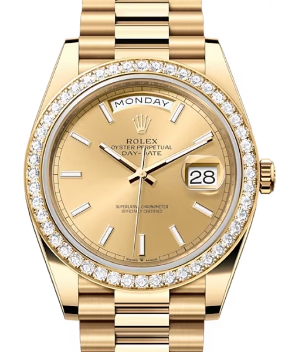 Rolex Day-Date 40 228348RBR Champagne Index Diamond Bezel Yellow Gold  President - BRAND NEW