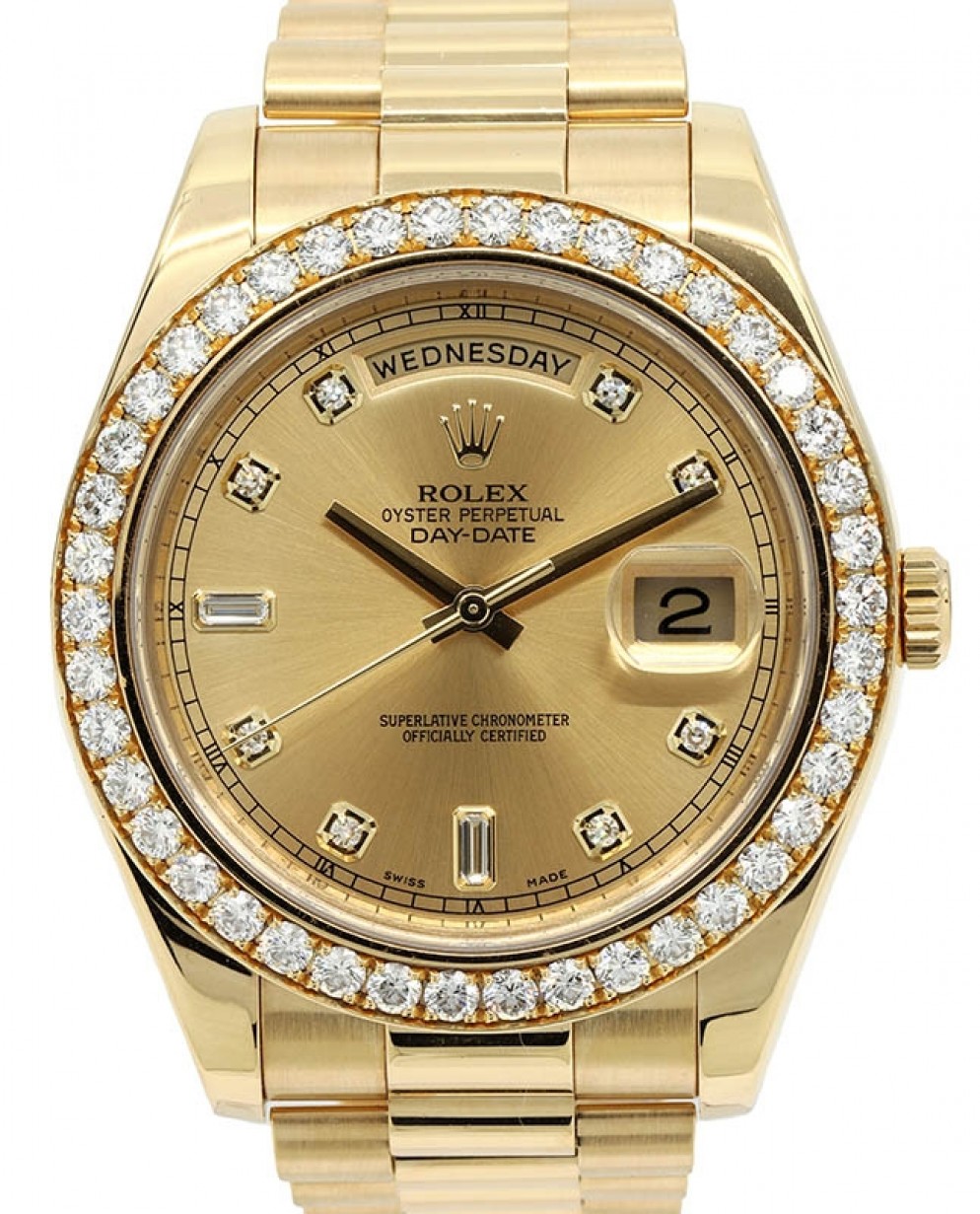 Rolex Day-Date II Yellow Gold Champagne Diamond 41mm Dial & Diamond Bezel  President Bracelet 218348 - PRE-OWNED