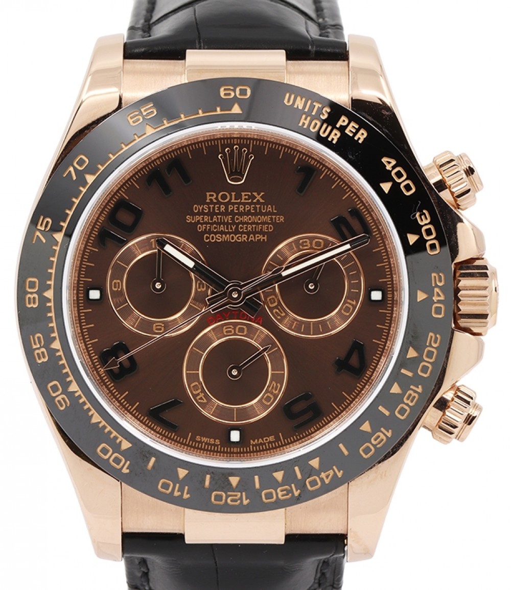 Rolex Daytona Rose Gold Chocolate Arabic 40mm Dial Ceramic Bezel Leather  Strap 116515LN - PRE-OWNED
