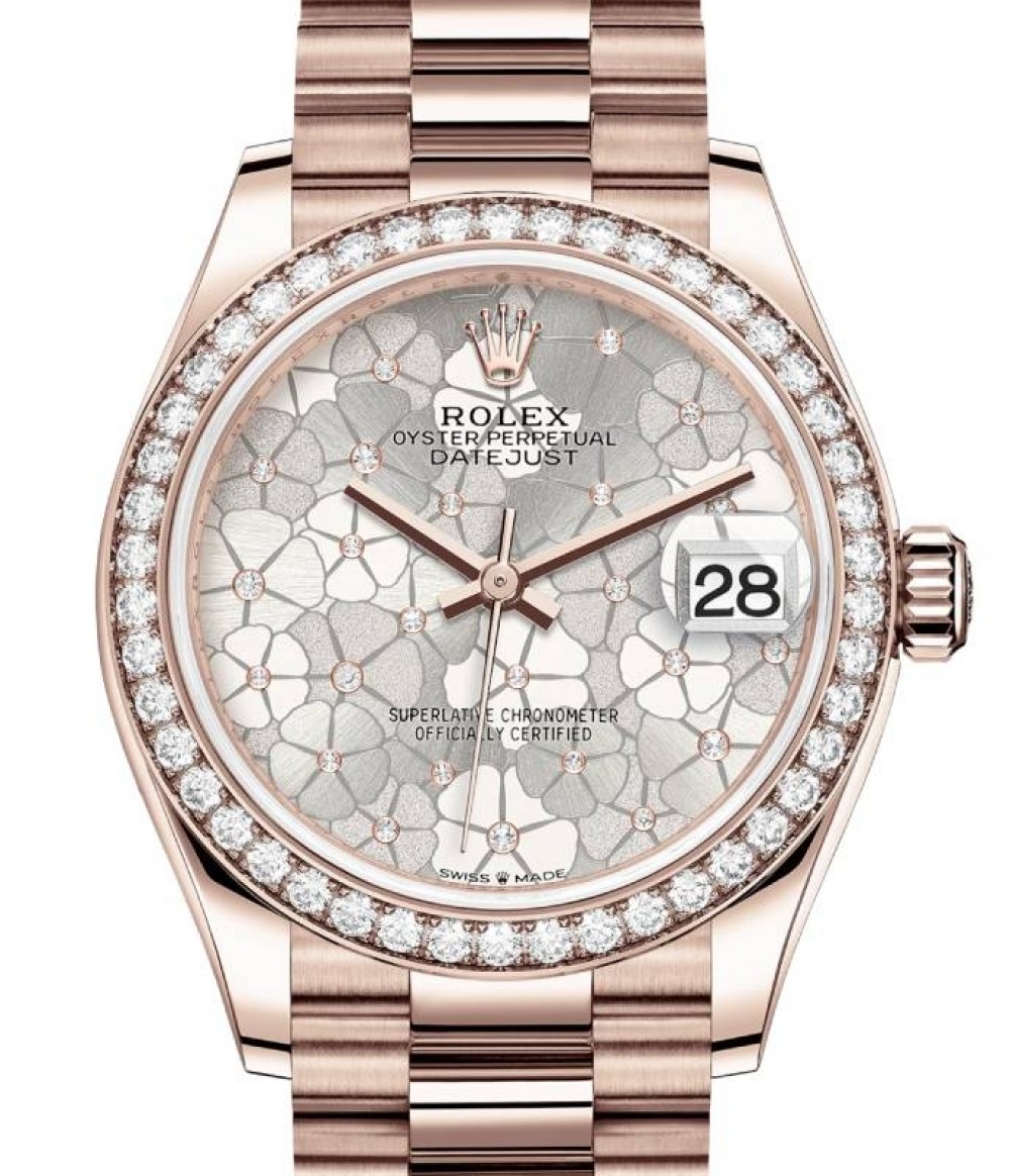 Rolex Lady-Datejust 31 Rose Gold Silver Floral Motif Diamond Dial & Diamond  Bezel President Bracelet 278285RBR - BRAND NEW