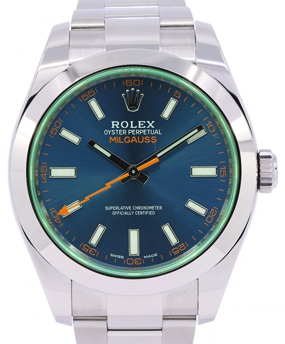 Rolex Milgauss Stainless Steel Blue Index Dial & Smooth Domed Bezel Green  Crystal Oyster Bracelet 116400GV 116400V - PRE-OWNED
