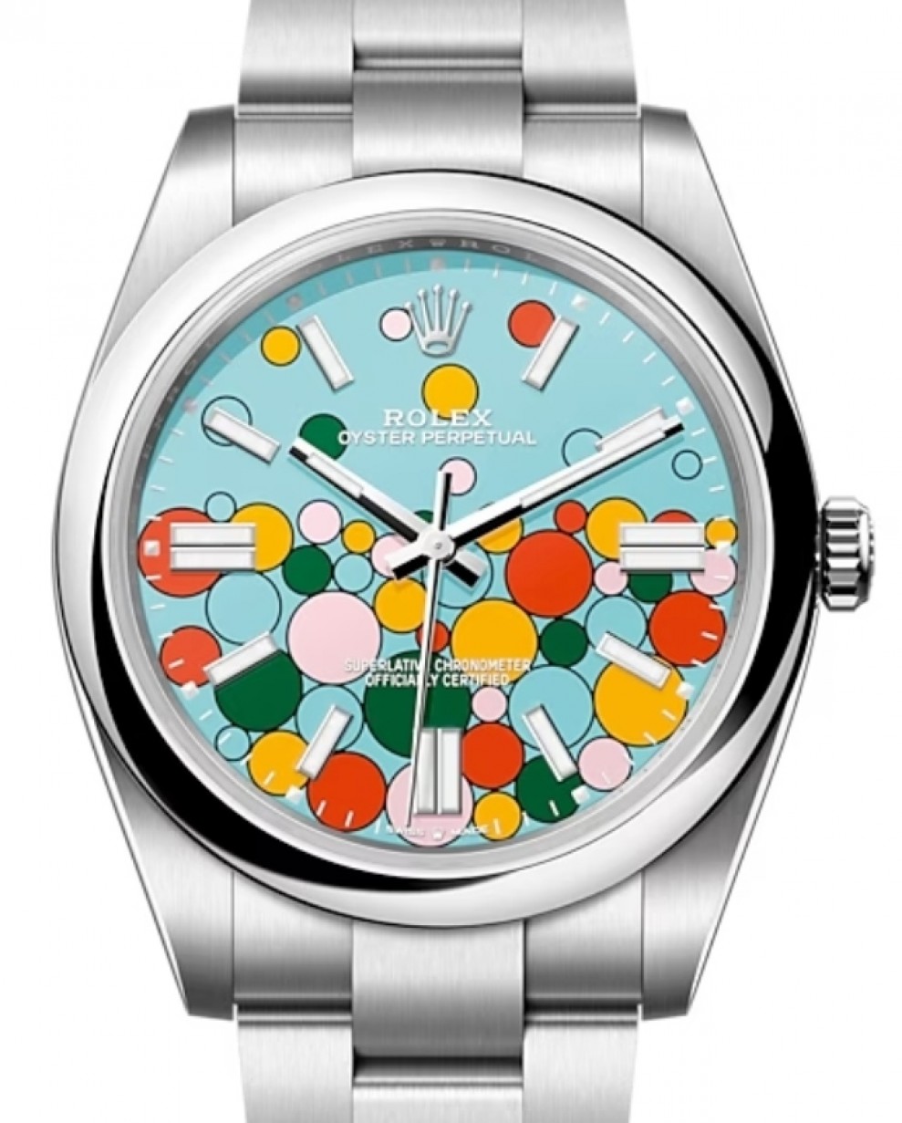 Rolex Oyster Perpetual 41 Stainless Steel Turquoise Celebration-Motif Index  Dial & Smooth Domed Bezel Oyster Bracelet 124300 - BRAND NEW
