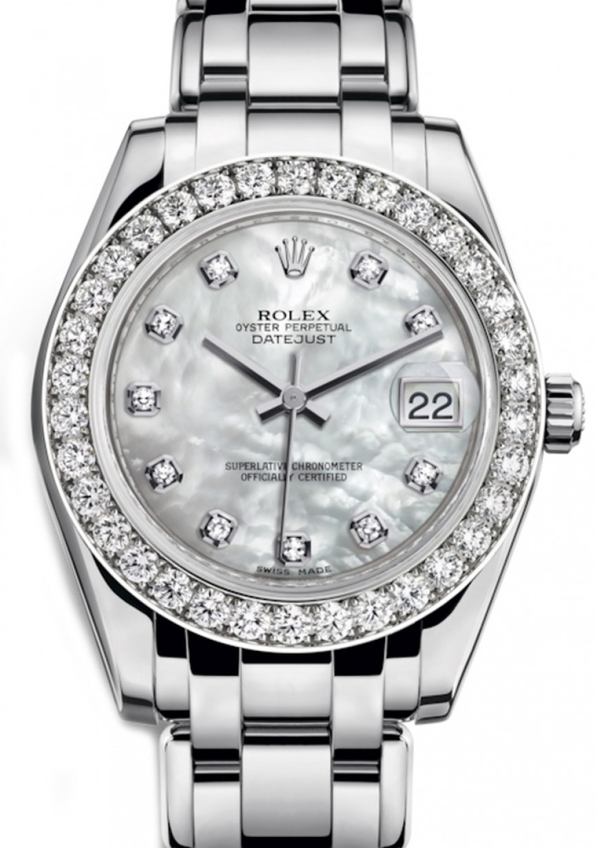 Rolex Pearlmaster 34 81299 White Mother of Pearl Diamond Bezel White Gold  BRAND NEW