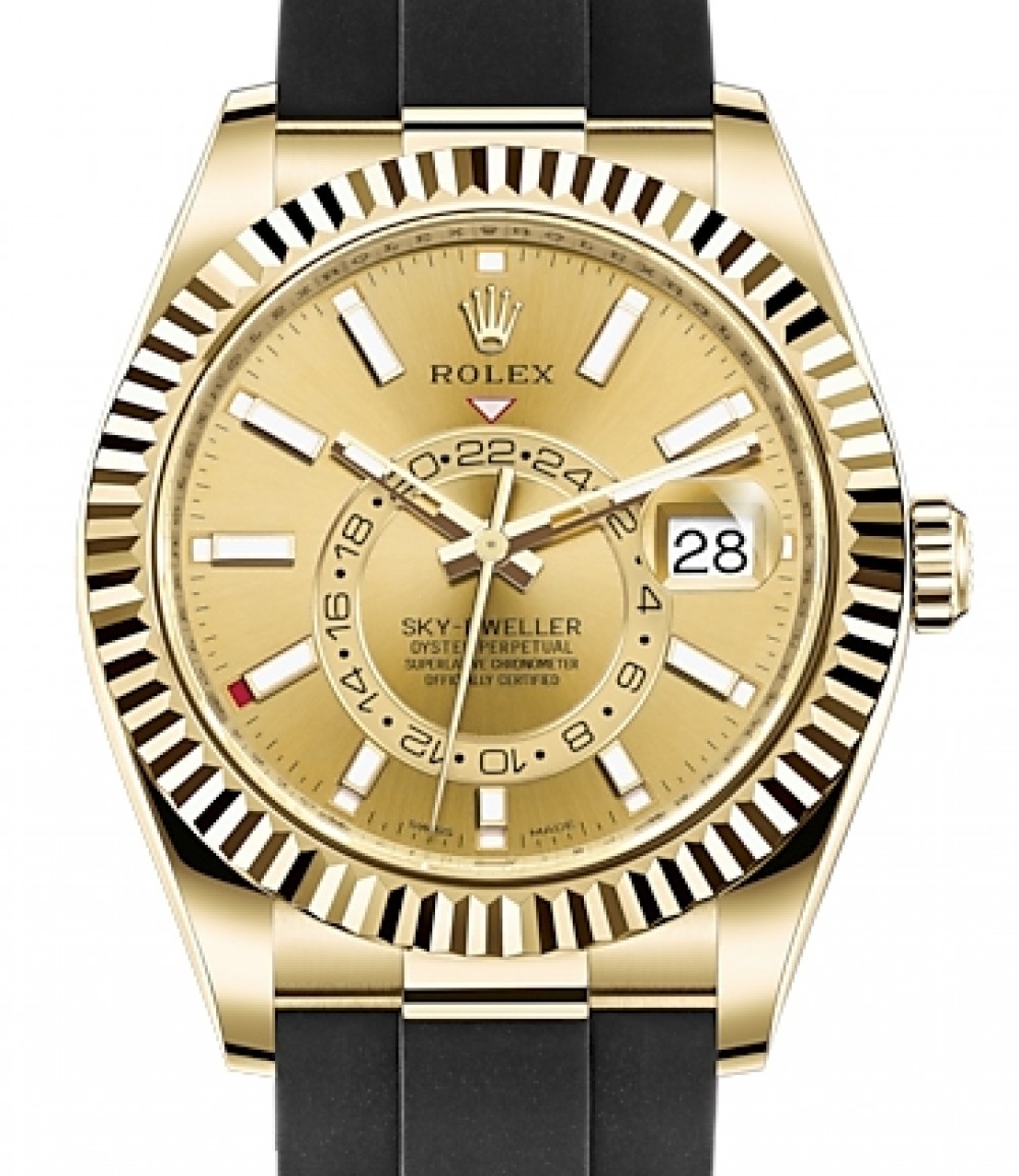 Rolex Sky-Dweller Yellow Gold Champagne Index Dial Fluted Bezel Rubber Strap  326238 - BRAND NEW