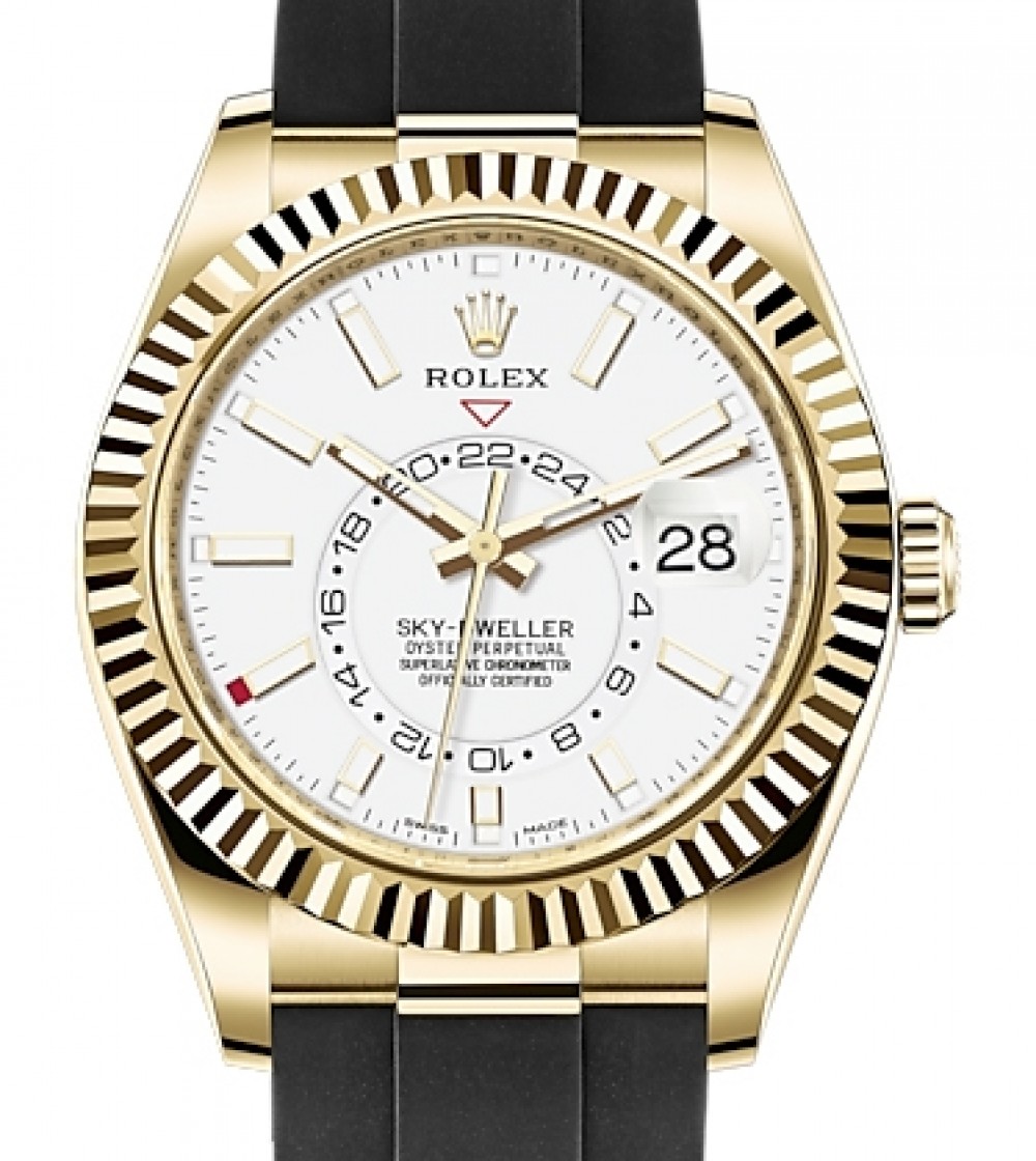 Rolex Sky-Dweller Yellow Gold White Index Dial Fluted Bezel Rubber Strap  326238 - BRAND NEW