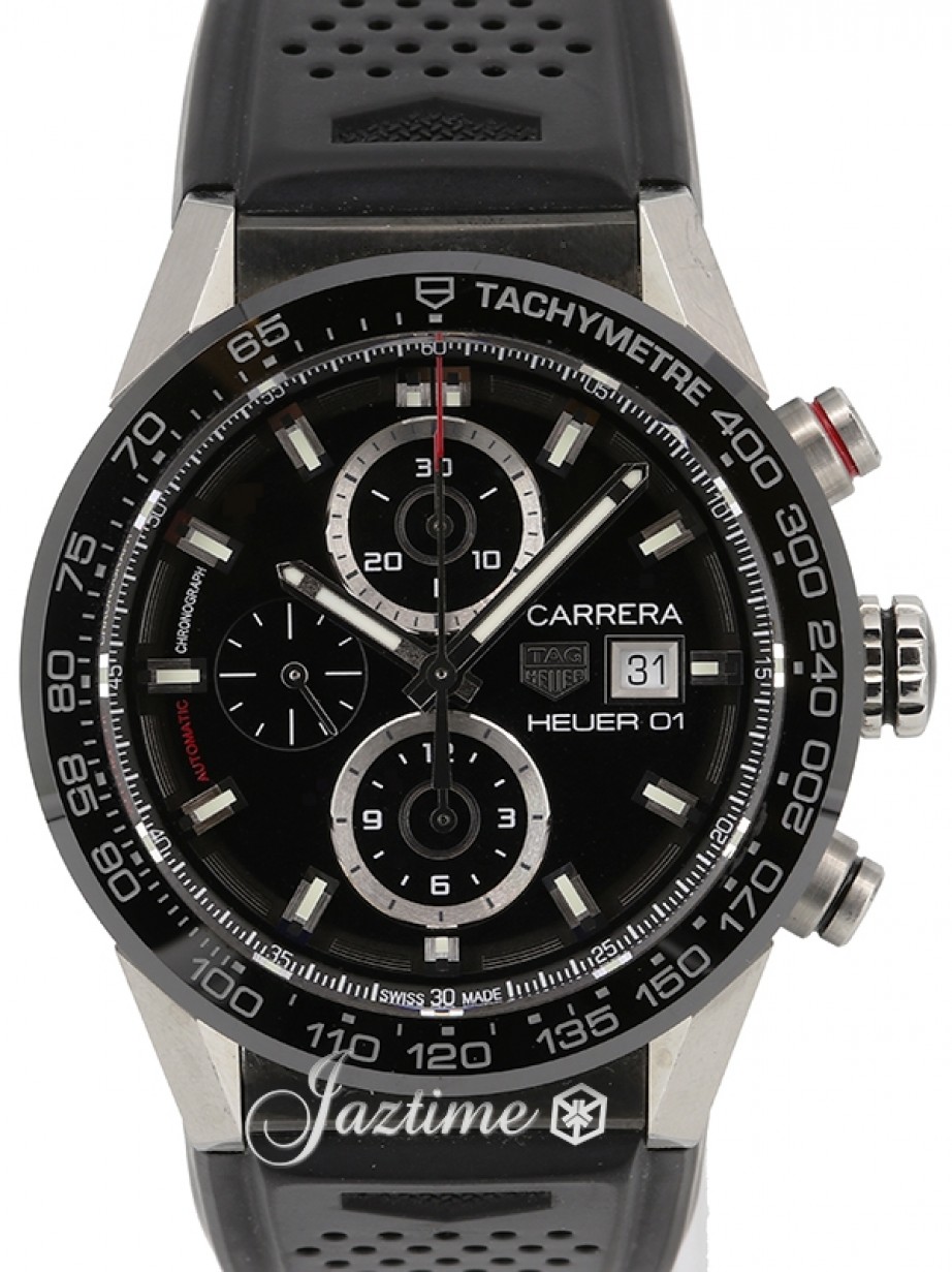 Tag Heuer Carrera Chronograph CAR201Z Black Index Ceramic Bezel Rubber  Strap 43mm - PRE-OWNED